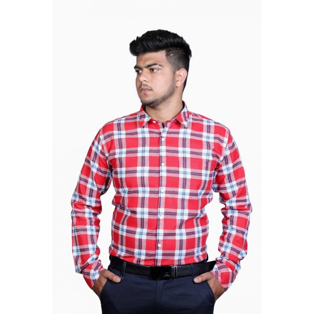 Generic Men's Cotton Lycra Full Sleeve Checked Casual Shirt (Red White)