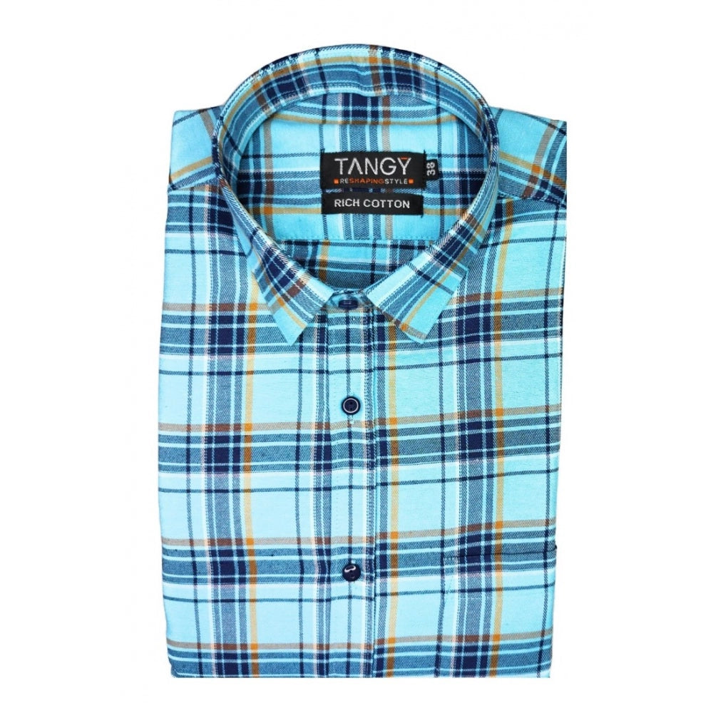 Men's Cotton Lycra Full Sleeve Checked Casual Shirt (Turquoise)