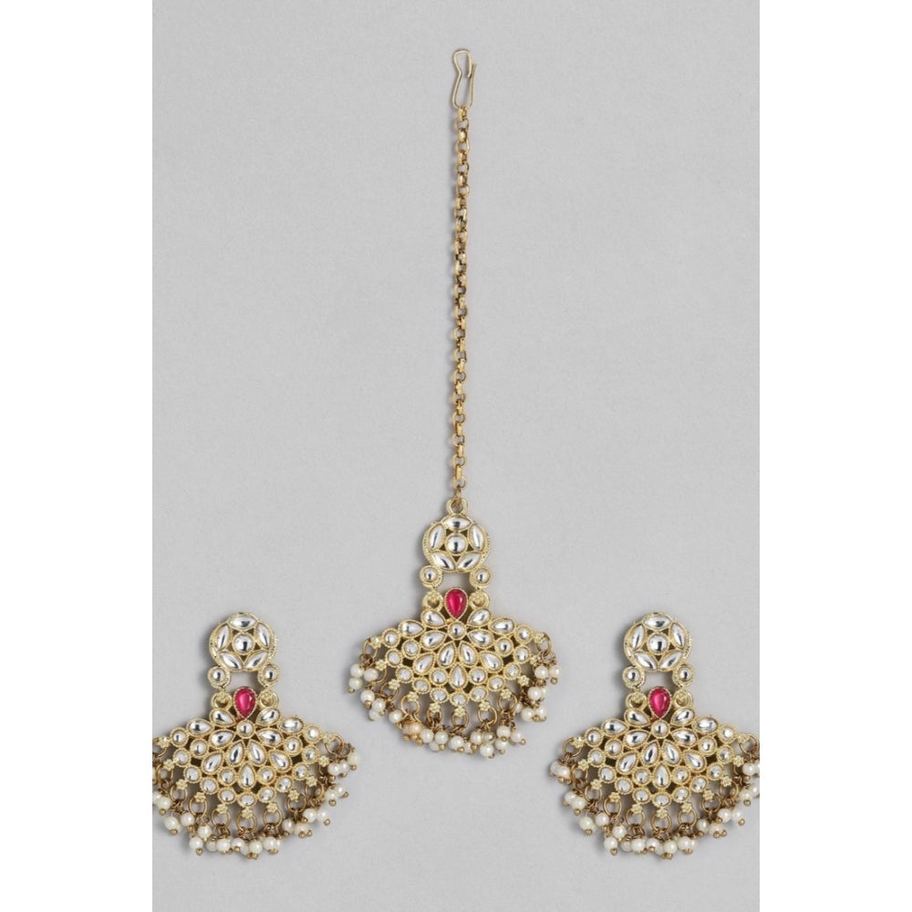 Generic Women's Rose Gold Plated Alloy Kundan Earrings &amp; Mangtikka (White)