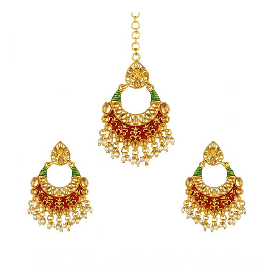 Generic Women's Rose Gold Plated Alloy Kundan Earrings &amp; Mangtikka (Red &amp; Green)