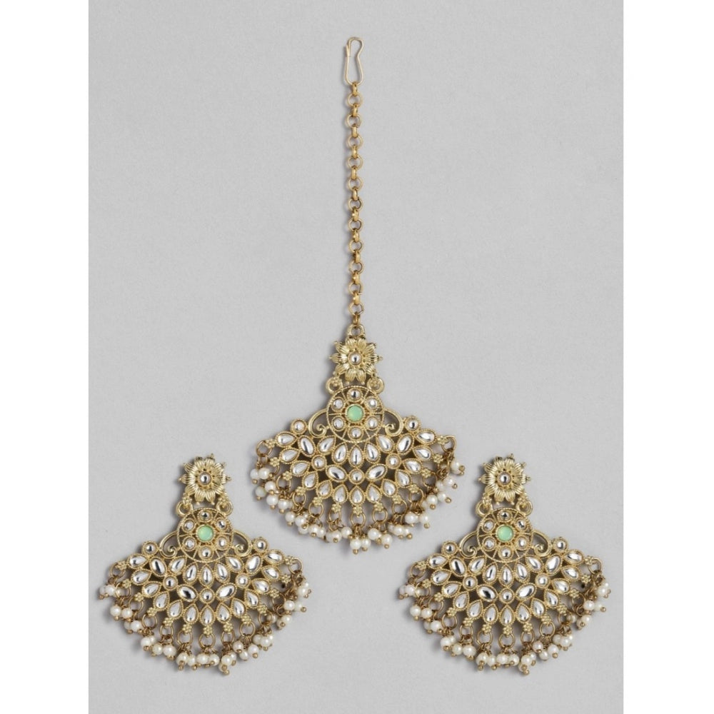 Generic Women's Rose Gold Plated Alloy Kundan Earrings &amp; Mangtikka (White)