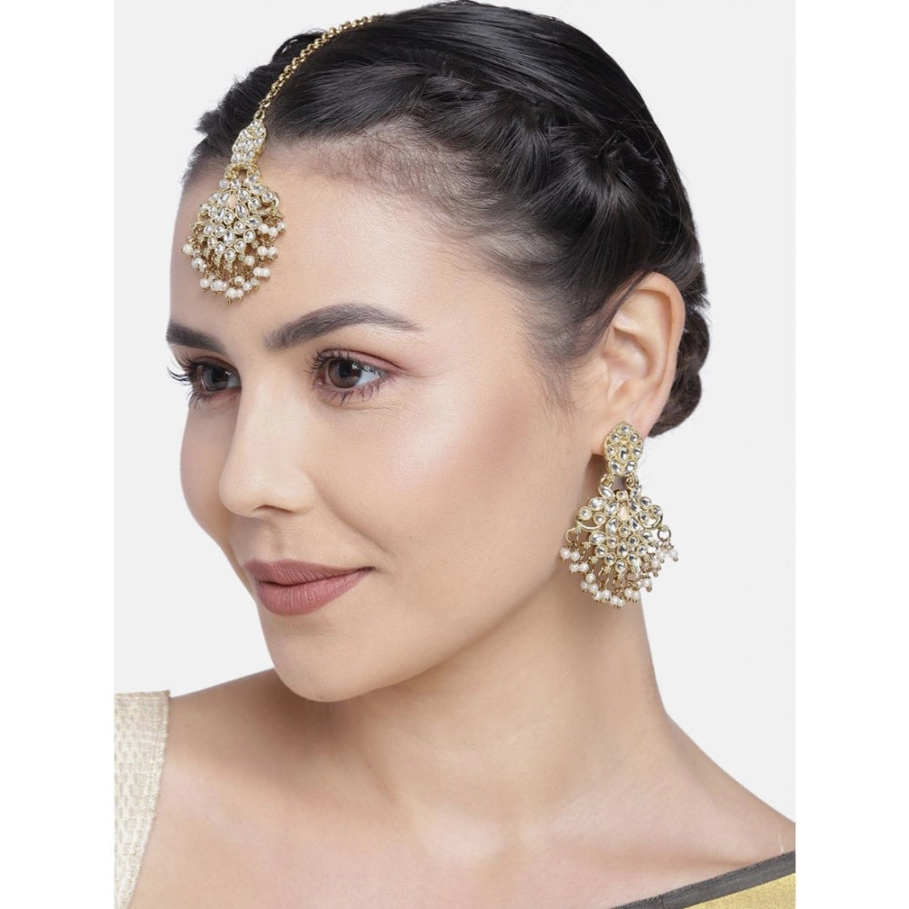 Generic Women's Rose Gold Plated Alloy Kundan Earrings &amp; Mangtikka (White)