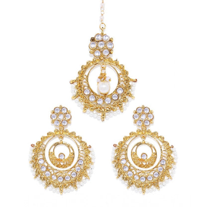 Generic Women's Rose Gold Plated Alloy Kundan Earrings &amp; Mangtikka (White)