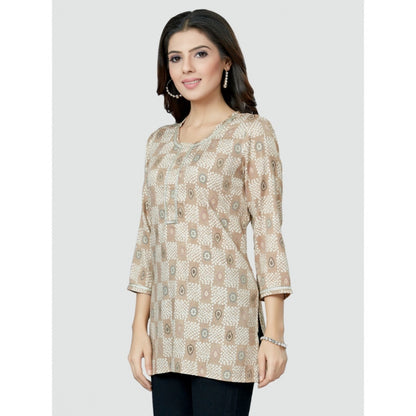 Women's Casual 3/4 Sleeves Printed Rayon Short Top (Beige)