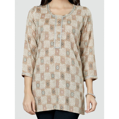 Women's Casual 3/4 Sleeves Printed Rayon Short Top (Beige)