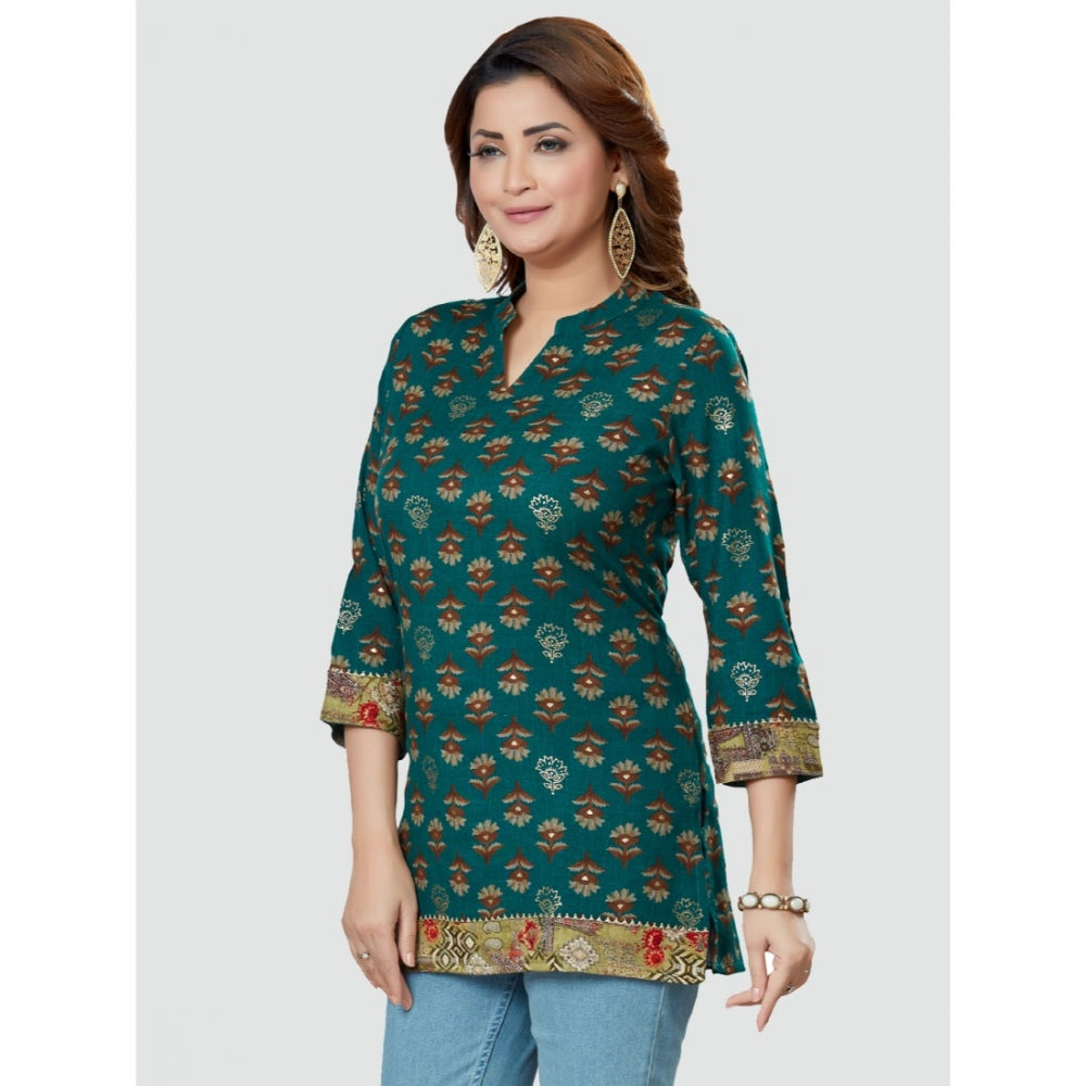 Women's Casual 3/4 Sleeves Printed Rayon Short Top (Green)