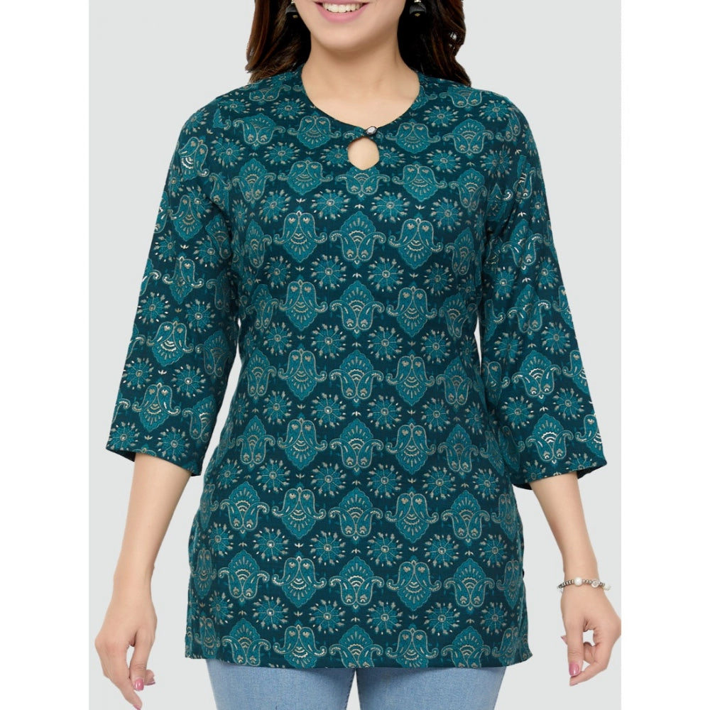 Women's Casual 3/4 Sleeves Printed Rayon Short Top (Green)