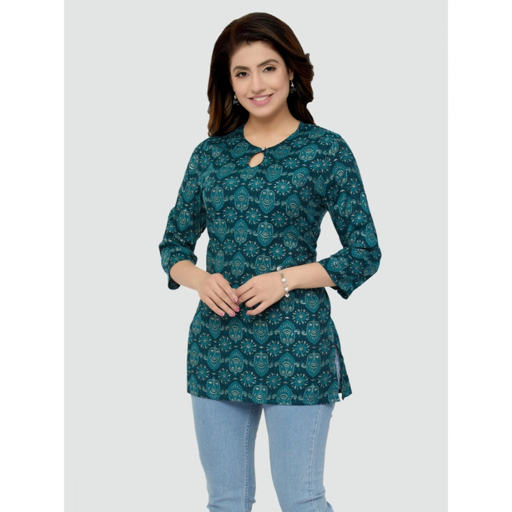 Women's Casual 3/4 Sleeves Printed Rayon Short Top (Green)