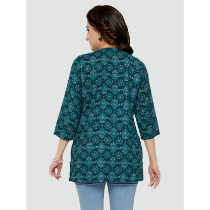 Women's Casual 3/4 Sleeves Printed Rayon Short Top (Green)