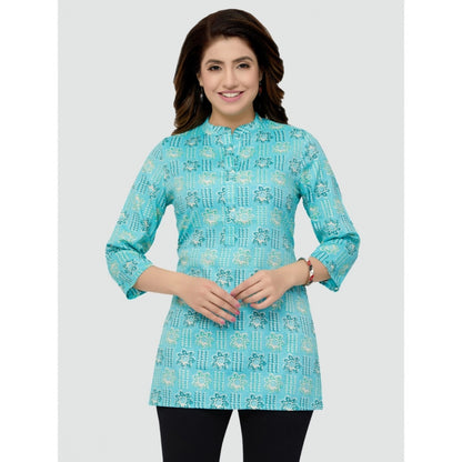 Women's Casual 3/4 Sleeves Printed Rayon Short Top (Sky Blue)