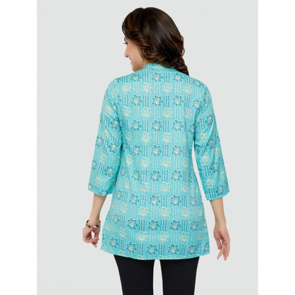 Women's Casual 3/4 Sleeves Printed Rayon Short Top (Sky Blue)