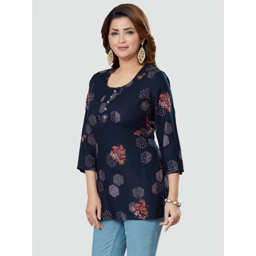 Women's Casual 3/4 Sleeves Printed Rayon Short Top (Navy Blue)