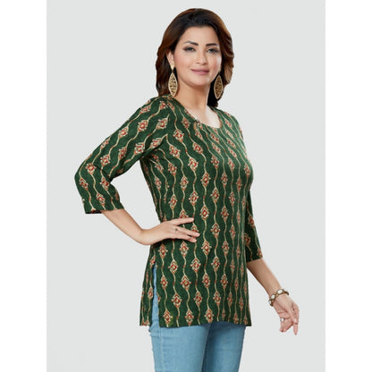 Women's Casual 3/4 Sleeves Printed Rayon Short Top (Green)