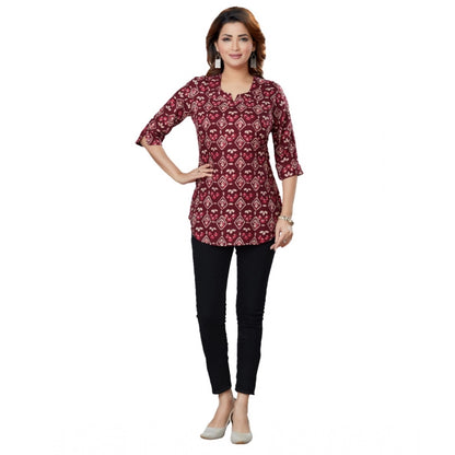 Women's Casual 3/4 Sleeves Printed Rayon Short Top (Wine)