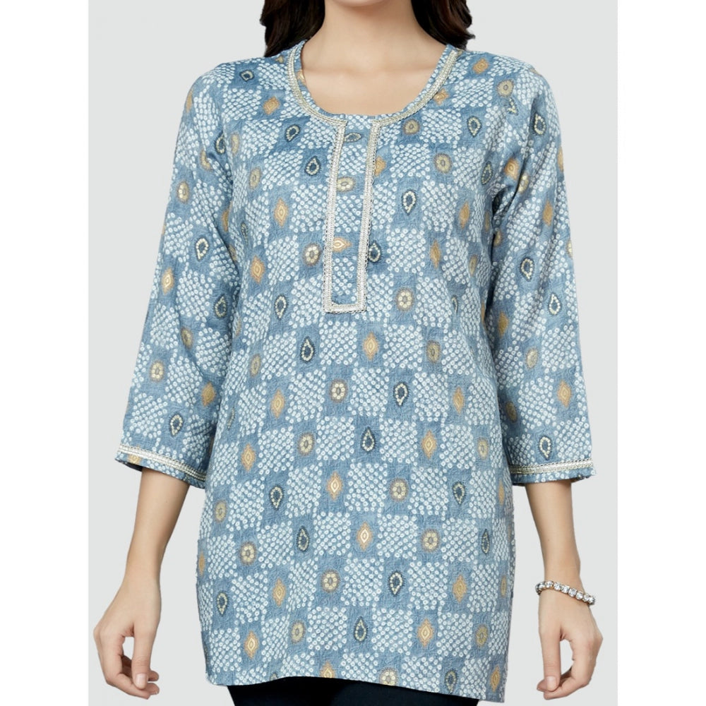 Women's Casual 3/4 Sleeves Printed Rayon Short Top (Blue)