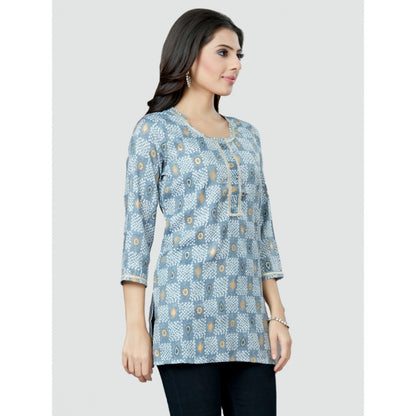 Women's Casual 3/4 Sleeves Printed Rayon Short Top (Blue)