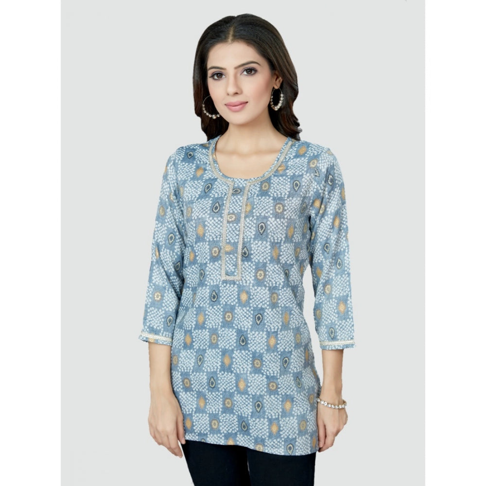 Women's Casual 3/4 Sleeves Printed Rayon Short Top (Blue)