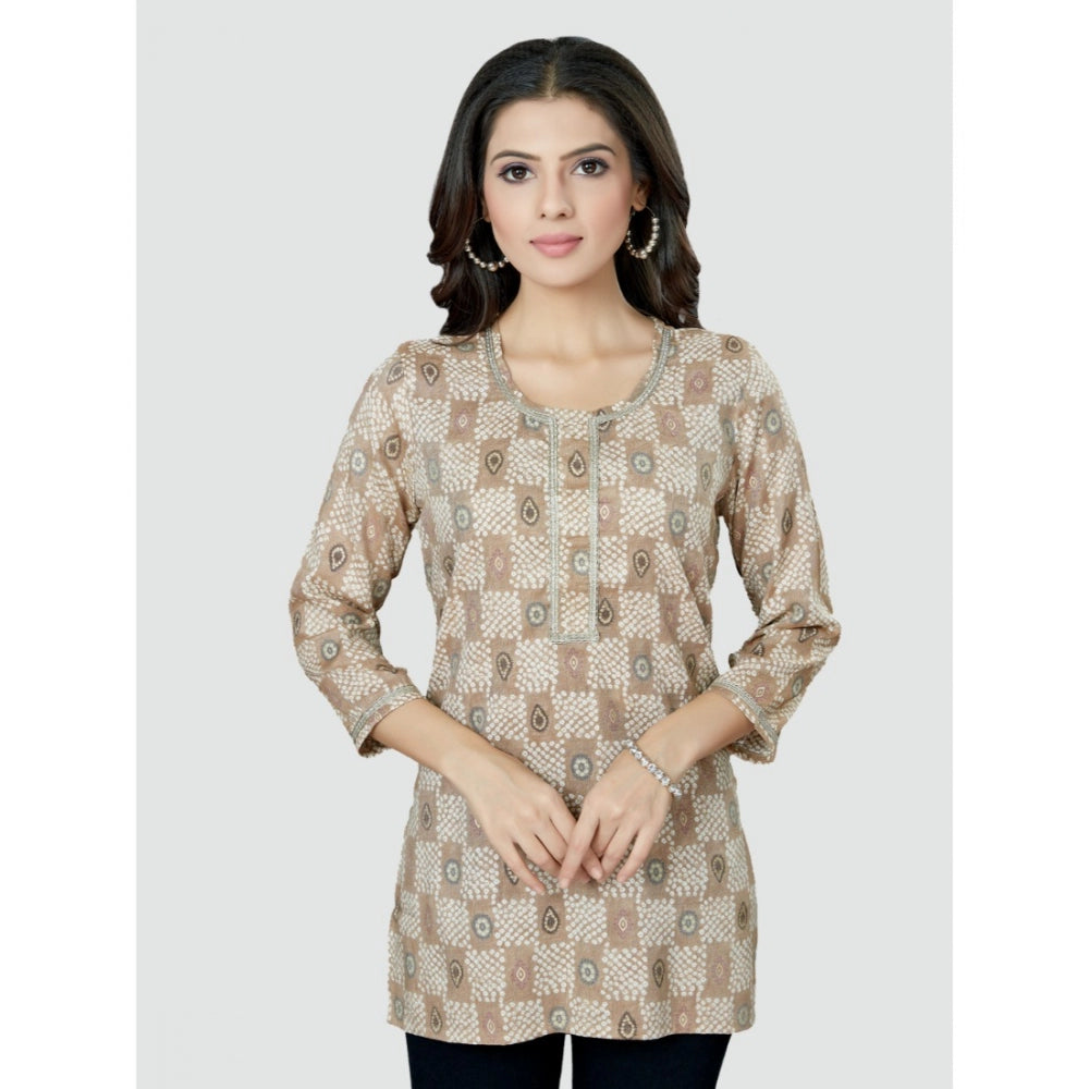 Women's Casual 3/4 Sleeves Printed Rayon Short Top (Beige)