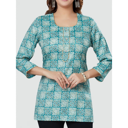 Women's Casual 3/4 Sleeves Printed Rayon Short Top (Blue)