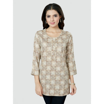 Women's Casual 3/4 Sleeves Printed Rayon Short Top (Beige)