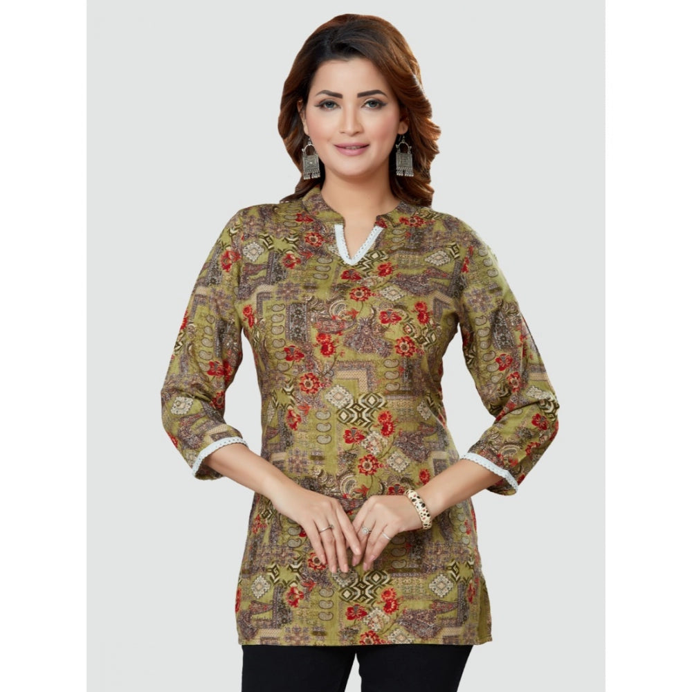 Women's Casual 3/4 Sleeves Printed Rayon Short Top (Beige)