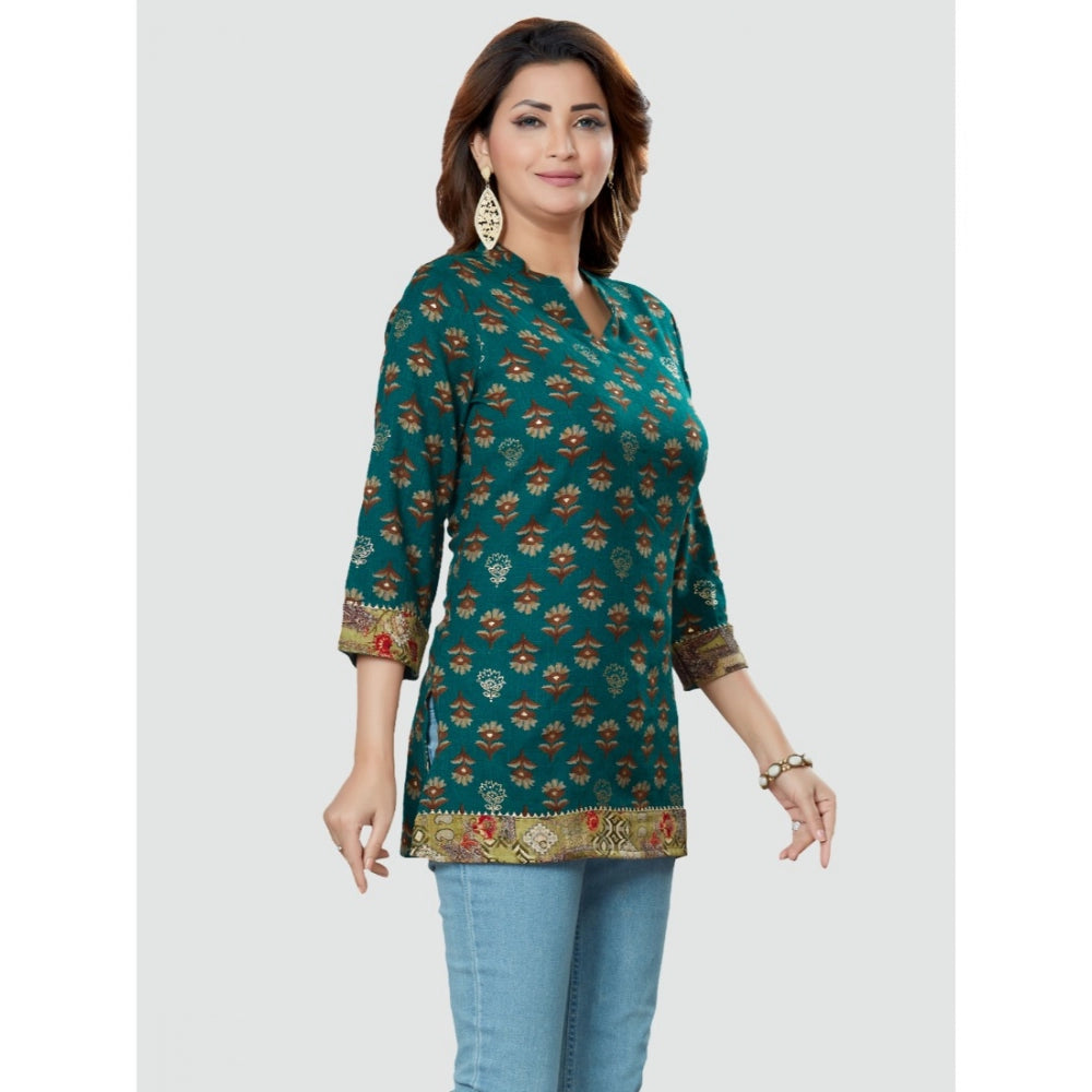 Women's Casual 3/4 Sleeves Printed Rayon Short Top (Green)