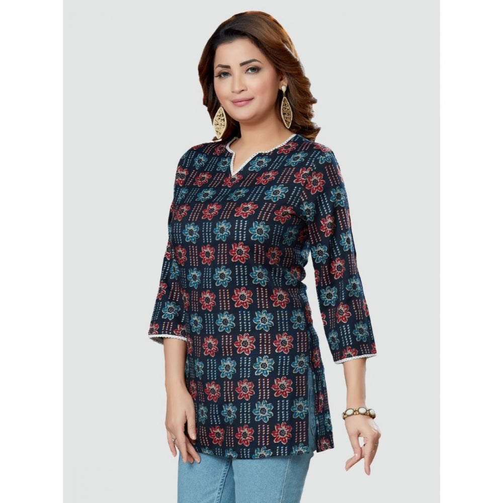 Women's Casual 3/4 Sleeves Printed Rayon Short Top (Navy Blue)