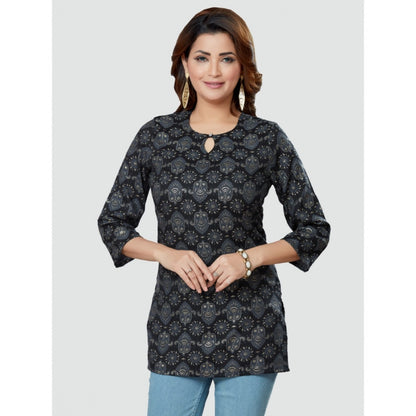 Women's Casual 3/4 Sleeves Printed Rayon Short Top (Black)