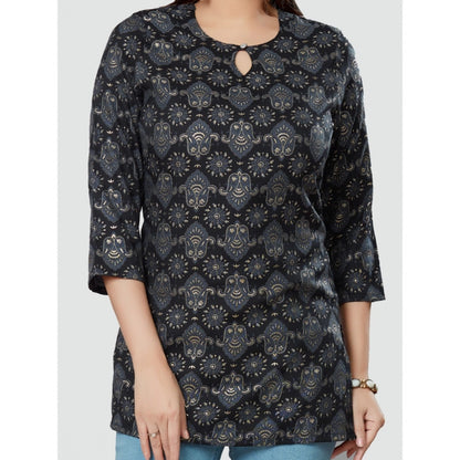 Women's Casual 3/4 Sleeves Printed Rayon Short Top (Black)