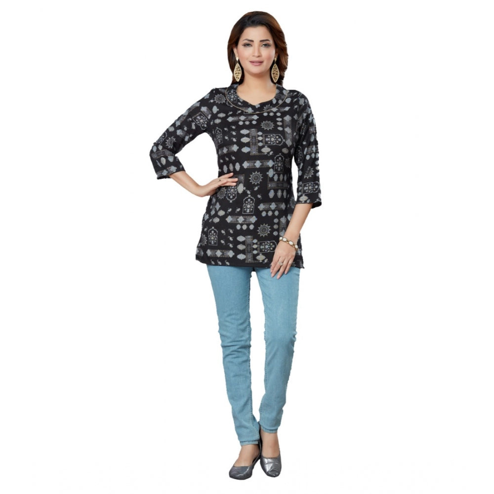 Women's Casual 3/4 Sleeves Printed Rayon Short Top (Black)