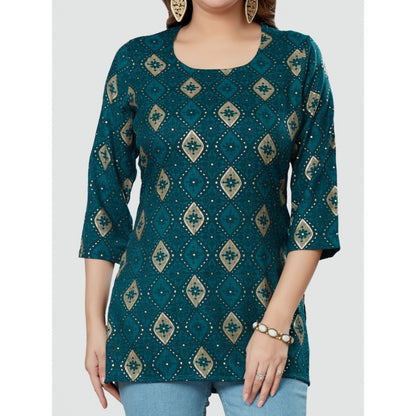 Women's Casual 3/4 Sleeves Printed Rayon Short Top (Green)