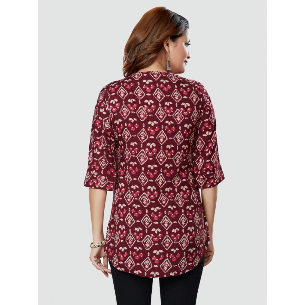 Women's Casual 3/4 Sleeves Printed Rayon Short Top (Wine)