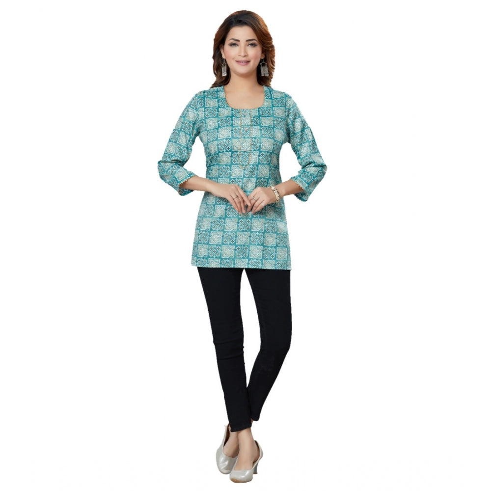 Women's Casual 3/4 Sleeves Printed Rayon Short Top (Blue)