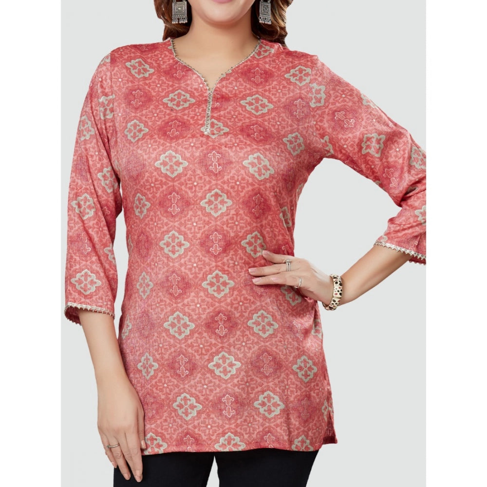 Women's Casual 3/4 Sleeves Printed Rayon Short Top (Pink)