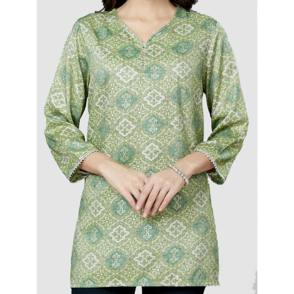 Women's Casual 3/4 Sleeves Printed Rayon Short Top (Green)