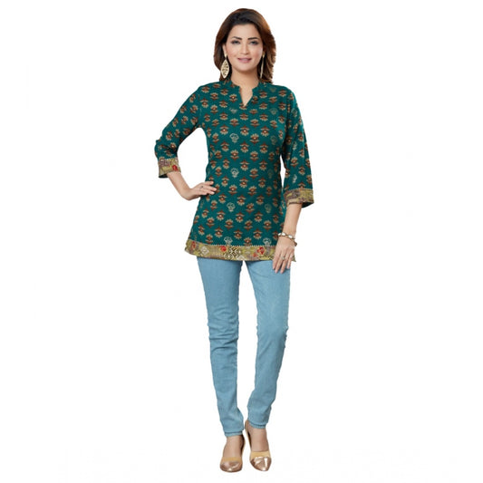 Generic Women's Casual 3/4 Sleeves Printed Rayon Short Top (Green)