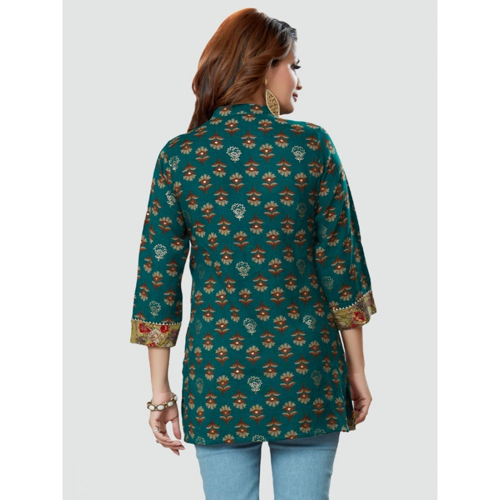 Women's Casual 3/4 Sleeves Printed Rayon Short Top (Green)