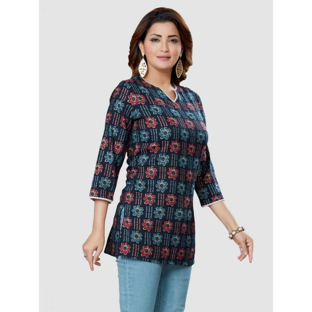 Women's Casual 3/4 Sleeves Printed Rayon Short Top (Navy Blue)