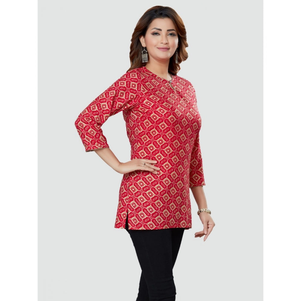 Women's Casual 3/4 Sleeves Printed Rayon Short Top (Red)