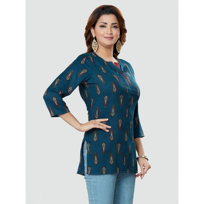 Women's Casual 3/4 Sleeves Printed Rayon Short Top (Blue)