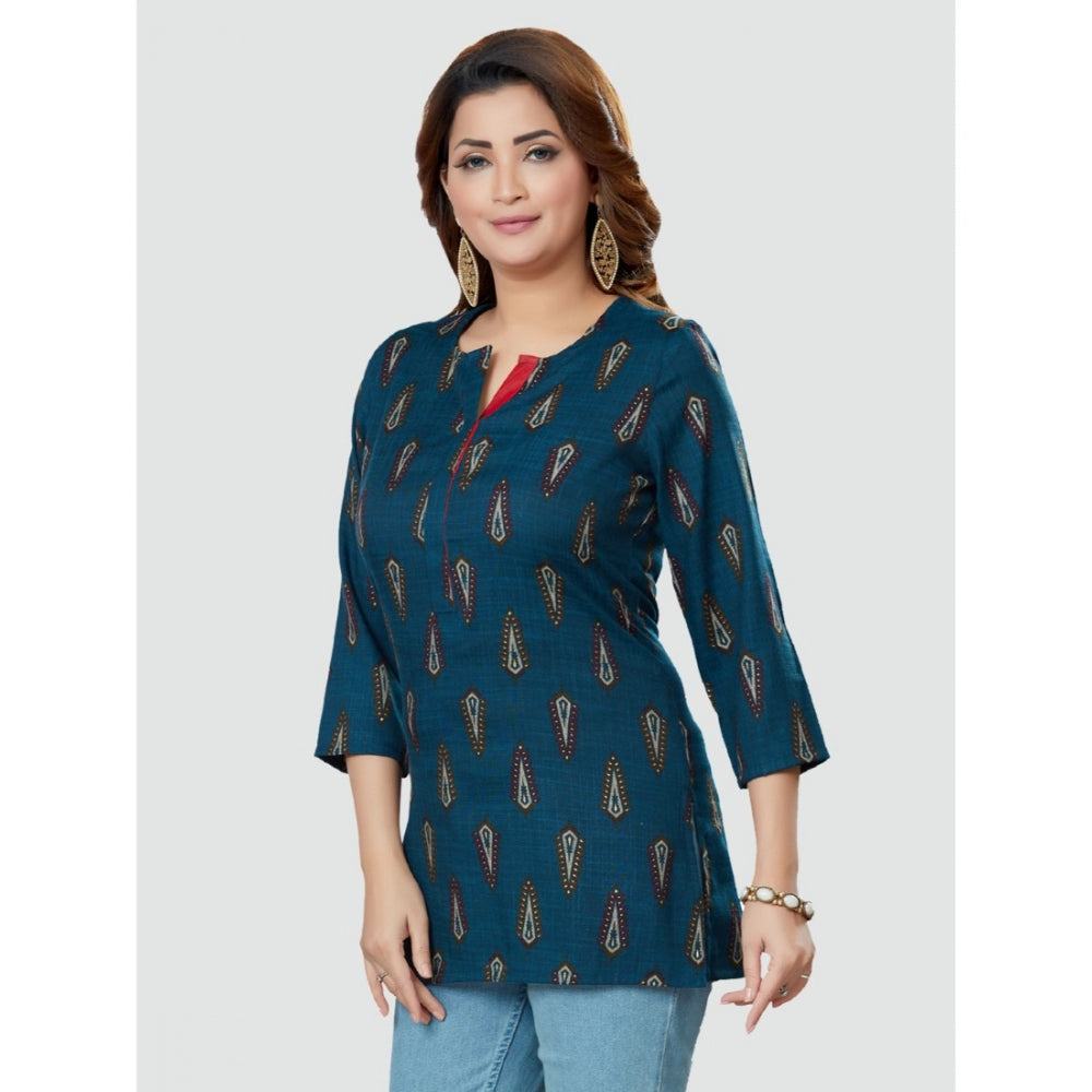 Women's Casual 3/4 Sleeves Printed Rayon Short Top (Blue)