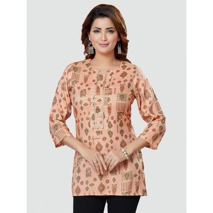 Women's Casual 3/4 Sleeves Printed Rayon Short Top (Peach)