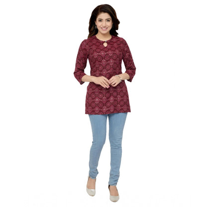 Women's Casual 3/4 Sleeves Printed Rayon Short Top (Maroon)