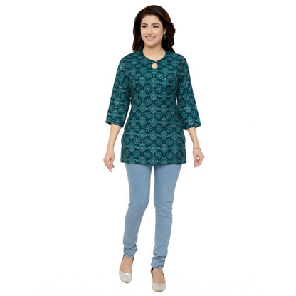 Women's Casual 3/4 Sleeves Printed Rayon Short Top (Green)