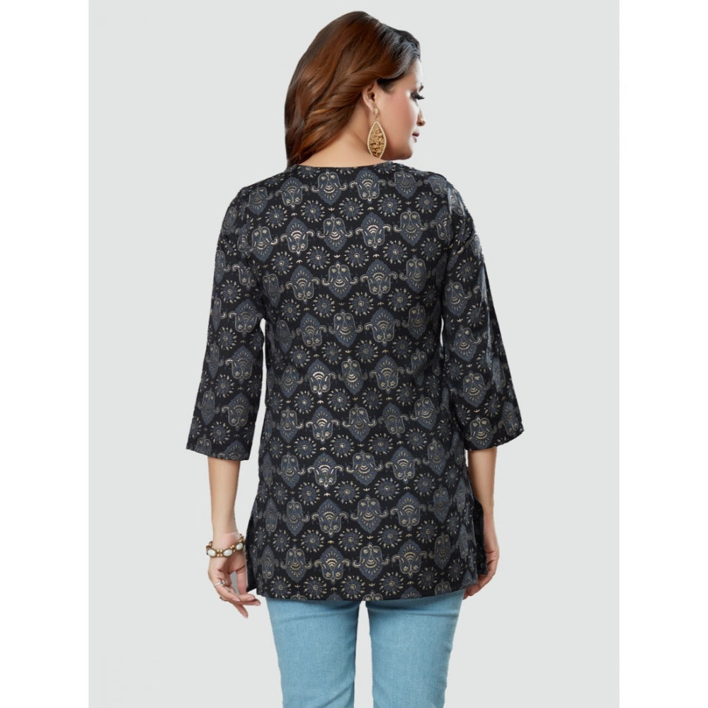 Women's Casual 3/4 Sleeves Printed Rayon Short Top (Black)