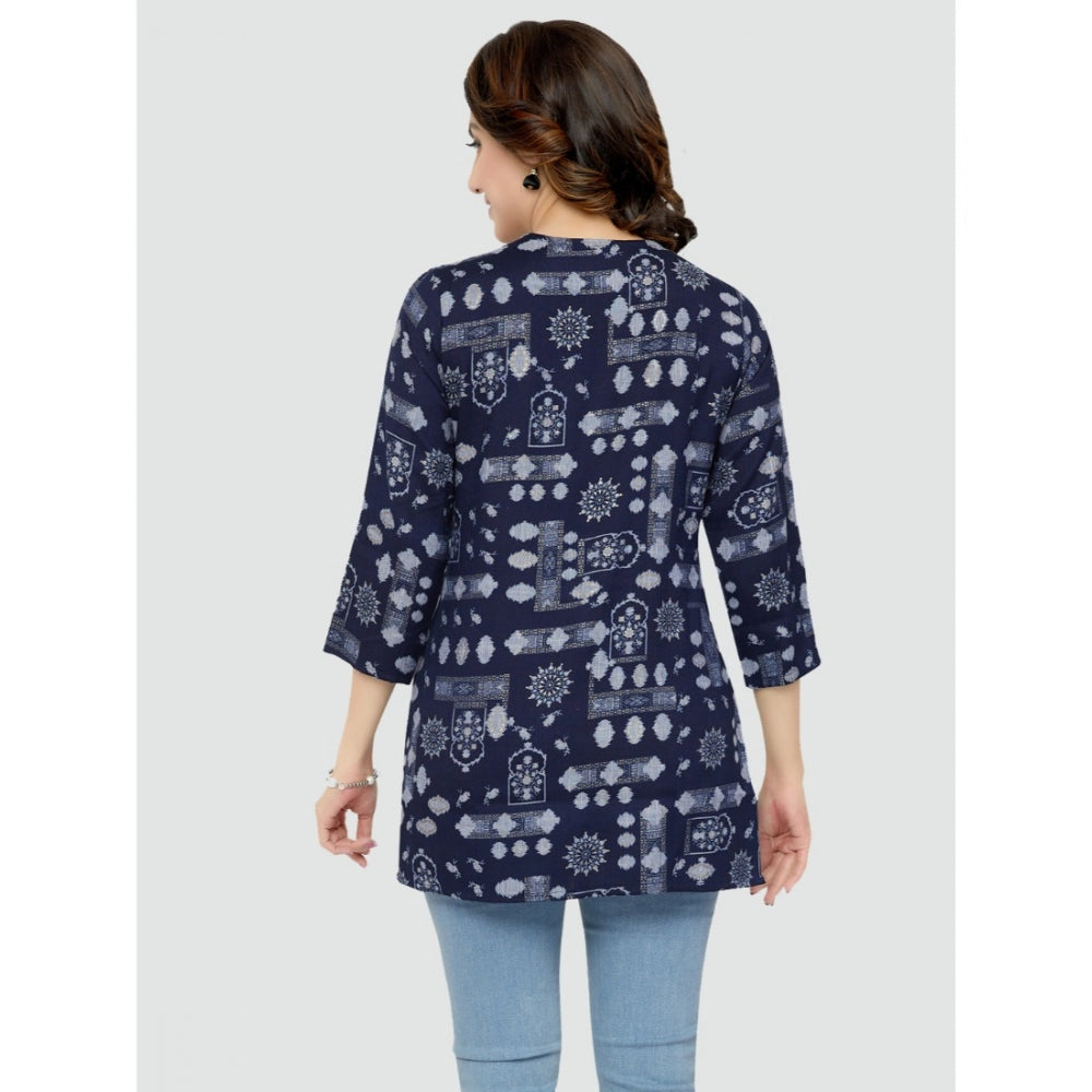 Women's Casual 3/4 Sleeves Printed Rayon Short Top (Blue)