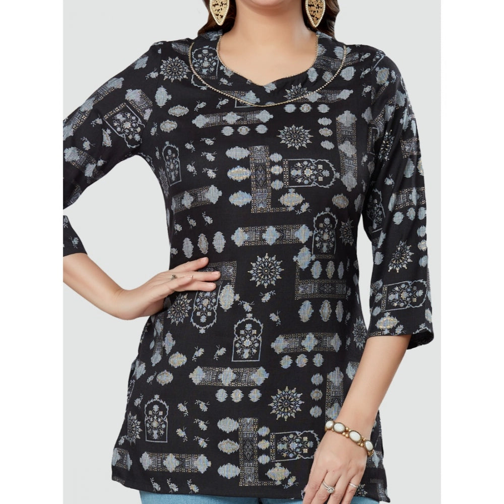 Women's Casual 3/4 Sleeves Printed Rayon Short Top (Black)