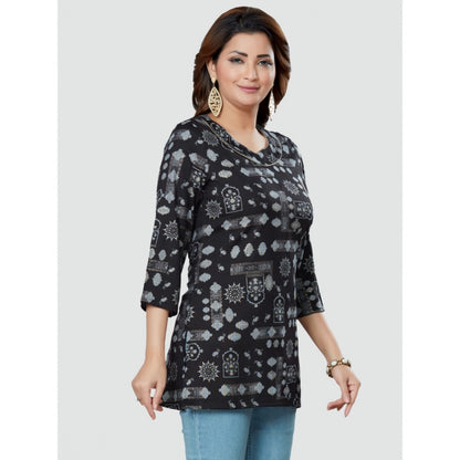 Women's Casual 3/4 Sleeves Printed Rayon Short Top (Black)