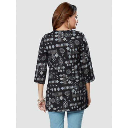 Women's Casual 3/4 Sleeves Printed Rayon Short Top (Black)