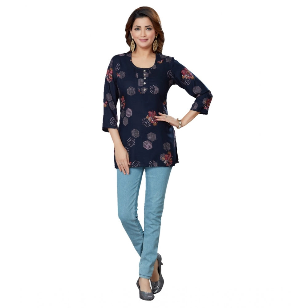 Women's Casual 3/4 Sleeves Printed Rayon Short Top (Navy Blue)